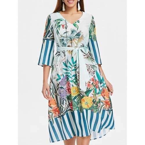 V Neck Belted Flower Print Dress - Baby Blue S